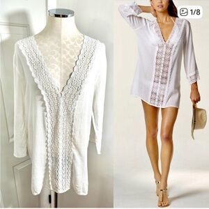 La Blanca Women’s White Crochet-Trim Swim Cover-Up Tunic M